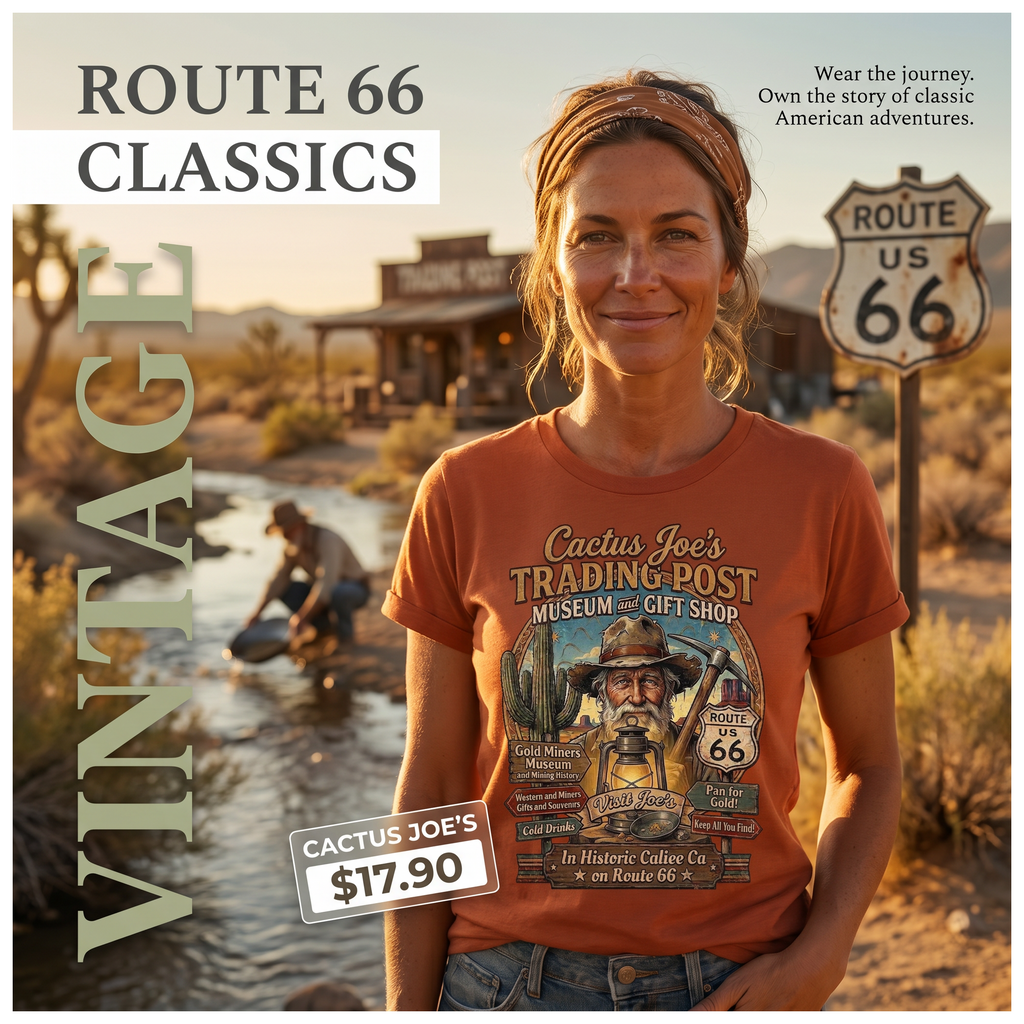 Cactus Joe's Trading Post — Route 66 Graphic Tee · Historic Calico, California · Pan for Gold · 13 Colors